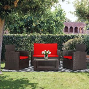 Set de patio de 4 piezas, juego de sofá de mimbre de ratán al aire libre con cojines suaves y mesa de café de vidrio, flete rojo sin