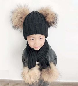 4 pièces Pompom Hat Scarf Enfants hiver beanie garçons filles CAP hiver