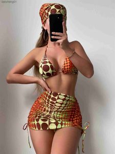 4 piezas al azar Dot Print Tie Side Halter Bikinis traje de baño falda de playa Sexy traje de baño mujeres 2023 traje de baño femenino L230619