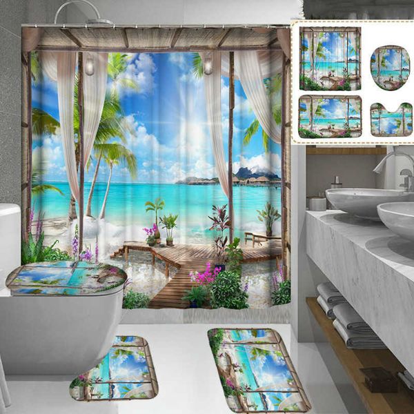 4 pièces Sea Beach Rideau de douche imperméable Salle de bain Tapis antidérapant Set Tapis de bain Tapis de siège de toilette Tapis de sol 4 en 1 Set 210712