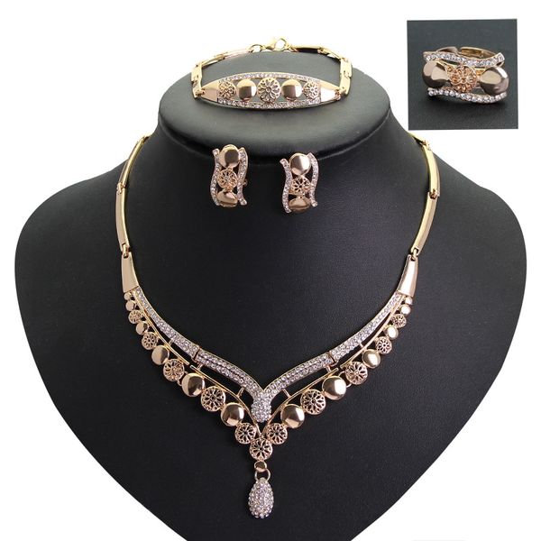 4 pièces/ensemble perles africaines ensemble de bijoux pour femmes cristal 18K plaqué or grosse déclaration collier boucle d'oreille bracelet anneau ensemble