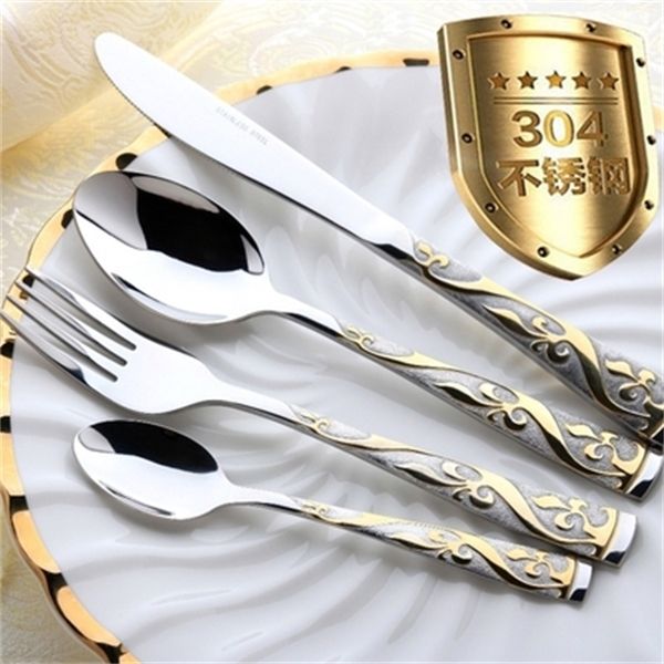 4 pièces/ensemble de couverts ensemble rétro Western Food plaqué or fourchette couteau doré ensemble de couverts Steak Cutlery304 acier inoxydable X0703