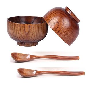 4 piezas / set tazón y cuchara de madera hechos a mano para el arroz miso que sirve la vajilla de la cocina de la casa