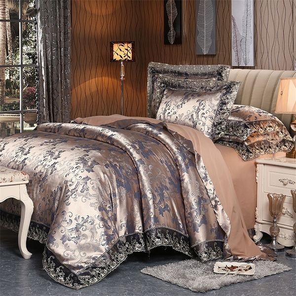 4 pièces argent marron luxe satin de coton dentelle ensembles de literie double reine king size literie housse de couette ensemble de draps taies d'oreiller 201021