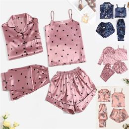 4 pièces ensemble de vêtements de nuit pyjama ensemble pour femmes fausse soie tache vêtements de nuit mode confortable sexy fronde shorts imprimés vêtements de maison 240117