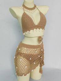 4 piezas Mujer Bikini Set Crochet Shell Tassel Top Sexy Thong Bottom Meding-through Hollow Out venda de cintura alta Falda de playa 240515