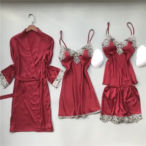 4 pièces femmes pyjamas sets en satin vêtements de sommeil en soie de nuit pyjama spaghetti sangle salon de sommeil pijama avec poitrine molle lj200822