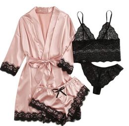 4 pièces pyjamas de combinaison en satin sexy pour femmes avec robe en denterie Bathrobe de soie de nuit à la maison