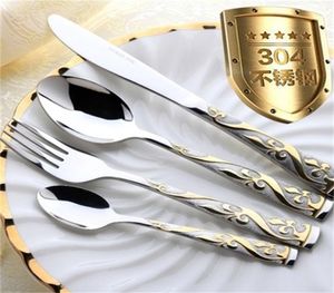 4 pièces ensemble de couverts rétro Western alimentaire plaqué or fourchette couteau doré ensemble de couverts Steak couverts 304 acier inoxydable X07032507865