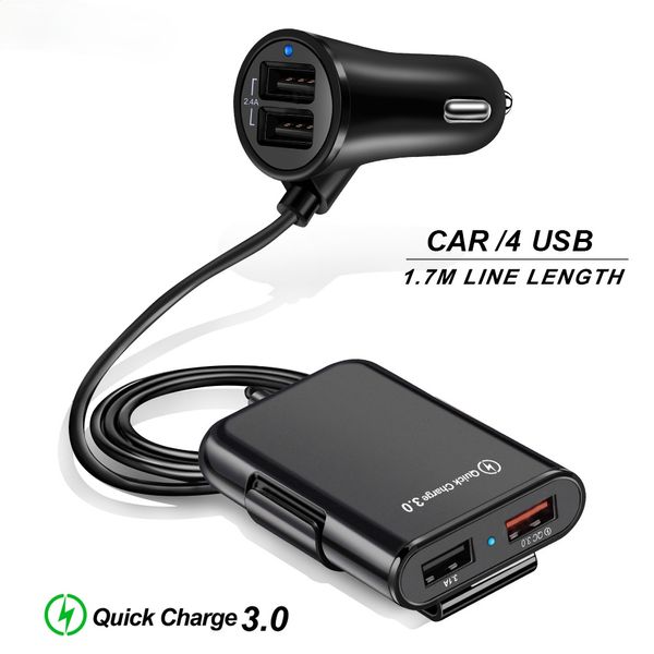 Chargeur de voiture USB 4 ports Charge rapide QC3.0 avec câble d'extension de 5,6 pieds pour siège arrière Charge rapide iPhone 12 Xiaomi Phone Driving Recorder