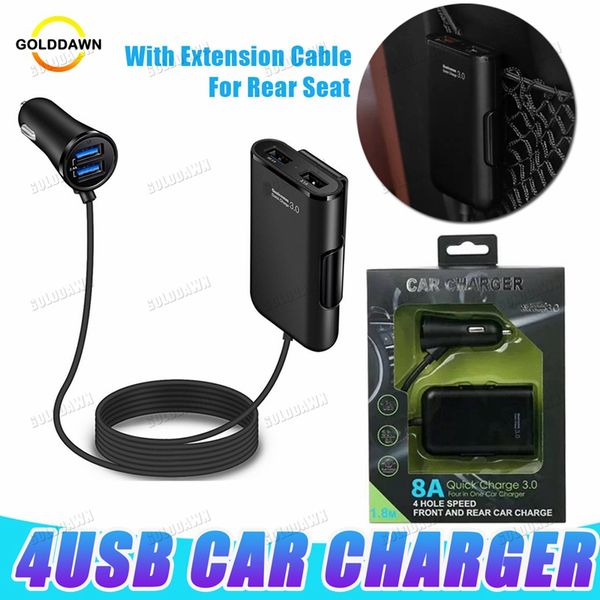 Chargeurs USB de téléphone portable de voiture à 4 Ports, avec câble d'extension de 1.7m, pour siège arrière de voiture, adaptateur rapide QC 3.0