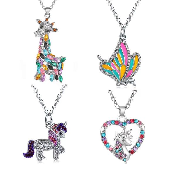 4 juegos de collar de unicornio de color creativo, colgante de jirafa de mariposa apto para niños, accesorios de joyería de animales de dibujos animados