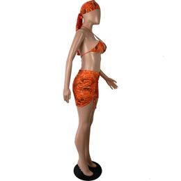 4 pièces sexy ensemble de bikini avec mini jupe écharpe cordon imprimé licou femmes maillot de bain string bandage séparé rembourré push up plage été