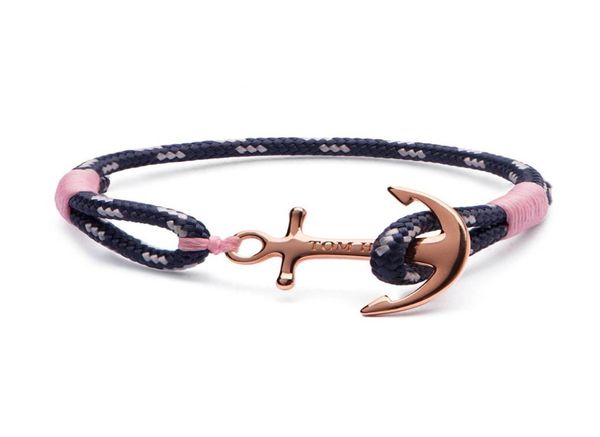 Bracelet Tom Hope en acier inoxydable, 4 tailles, ancre en or rose, fil rose, corde à une couche, avec boîte TH134915218