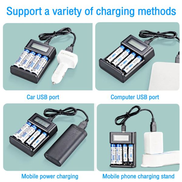 4 machines à sous Smart LCD Charger USB Batteries Lithium Adaptateur Charge rapide Charge pour NI-MH / NI-CD AA AAA 1.2 V Batterie rechargeable