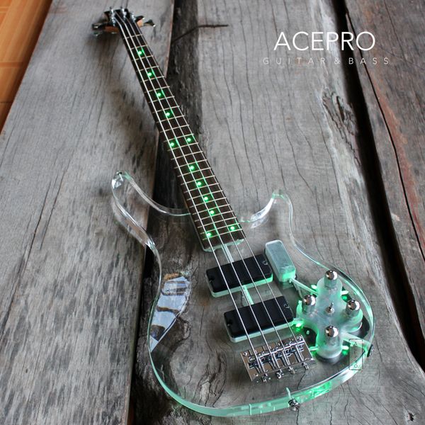4 cordes acrylique corps basse électrique guitare vert bleu coloré couleur led érable clair manche palissandre de haute qualité