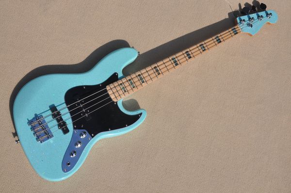 Guitare basse électrique à corps de peinture perle bleue à 4 cordes avec pickguard noir, manche en érable, fournit des services personnalisés