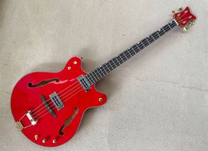 Guitare basse électrique rouge à 4 cordes, corps en érable Semi-creux, touche en palissandre, peut être personnalisée sur demande