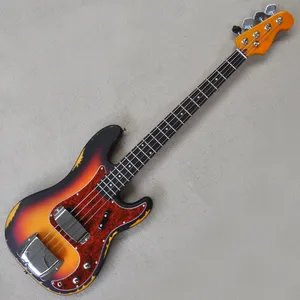 Guitare basse électrique Relic Tobacco Sunburst à 4 cordes avec 20 frettes en palissandre, Pickguard à perles rouges personnalisable