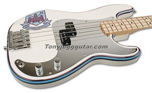 Raro 4 cuerdas Steve Harris Signature Precision Bass Guitarra eléctrica blanca con Pinstripe Mirror Pickguard