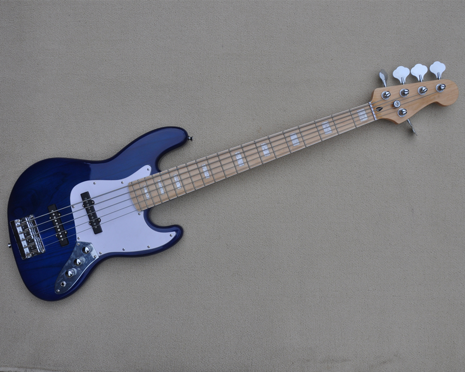 5 Strings Transparent Blue Electric Bass Guitar with Maple Fingerboard Can be customized