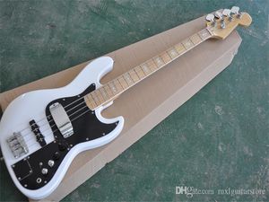 Guitare basse électrique blanche à 4 cordes avec pickguard noir, touche en érable, incrustation de blocs blancs, peut être personnalisée à votre demande