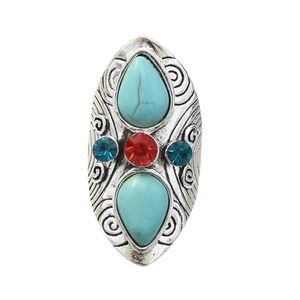 4 Stijl Vintage Boheemse verzilverd Big Size Turquoise Ring Verstelbare Ring voor Dames Party Sieraden