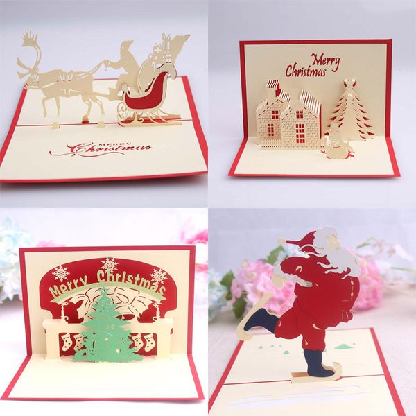 4 Styles 3D Pop Up Joyeux Chirstmas Cartes De Voeux Père Noël Cerf Bonhomme De Neige Maison Cadeau Décor Fête Fête Fournitures