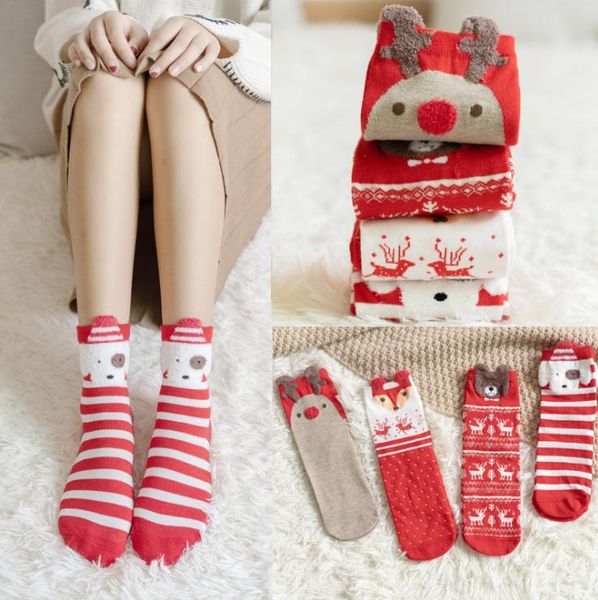 4 estilos invierno mujer calcetín rojo Navidad calcetín lindo dibujos animados alce ciervo perro calcetines algodón mantener caliente bebé niña niño calcetines suaves