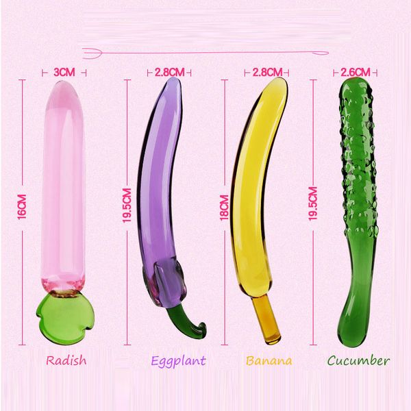 4 Syles verre Anal Plug banane gode fruits légumes pénis artificiel bout à bout érotique aubergine godes sexy jouets pour hommes femmes