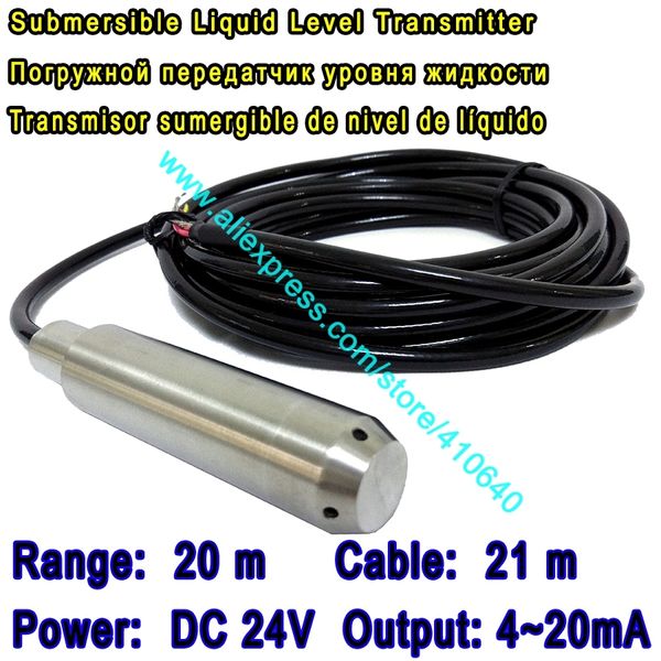 Salida de 4 a 20 mA Alcance de 20 m Sonda transductora de nivel de agua Alimentación de 24 V CC Longitud del cable de 21 m Tipo de entrada Monitor de nivel de agua