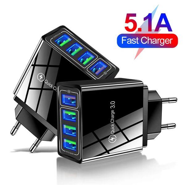 Cargador rápido 4 USB QC 3,0, adaptador/cargador de pared rápido, enchufe UE, Reino Unido, EE. UU. Para teléfono ISamsung S24 15 Huawei Moto Android