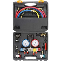 4 Way AC diagnostische verdeelstukmeter set, past op R134A R410A en R22 koelmiddelen, met 5ft slang, 3 tankadapters, verstelbare koppelingen en kan tikken