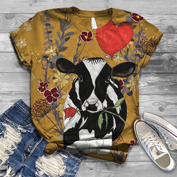 4 Camisetas de dibujos animados Harajuku para Mujer, Tops con estampado de animales de vaca, Top 3d con cuello redondo, Camiseta de algodón de manga corta para Mujer