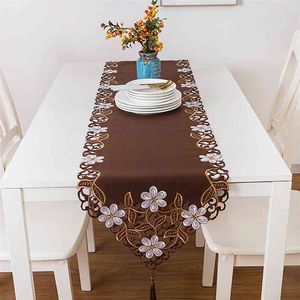 40*175CM marron pastorale brodé blanc Floral gland nappe coureur maison fête mariage dîner décor tissu 210628