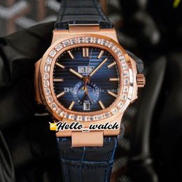 40.5mm yr 5726 / 1A-010 sport horloges jaarlijkse kalender 5726 cal.324 s qa automatische heren horloge D-Blue Textured Dial Rose Gold Case Diamond Bezel Blue Leather Hallo_Watch