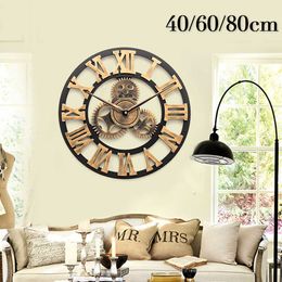 40/60 / 80cm rétro vintage fait à la main grande horloge murale de luxe 3D à la main en bois horloge murale salon décoration cadeau 201118
