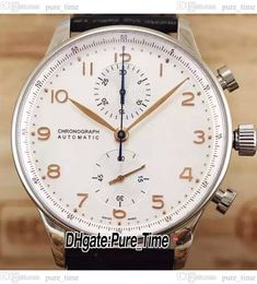 40.9mm Portugieser 371445 Chronographe Quartz Montre Homme Cadran Blanc Champagne Marqueurs Boîtier Acier Bracelet Cuir Nouvelles Montres PureTime PTIW B002B1