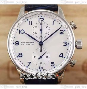 40.9mm Portugieser 371446 Chronographe Quartz Montre Homme Cadran Blanc Bleu Nombre Marqueurs Boîtier Acier Bracelet Cuir Nouvelles Montres PureTime PTIW B002A1