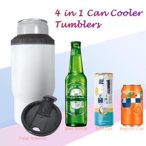 Vasos de sublimación de 14 oz Enfriadores de latas curvos 4 en 1 para latas Botella de cerveza en blanco Brillante Con cajas de tapas dobles Vasos aislados al vacío de doble pared de acero inoxidable fy5207