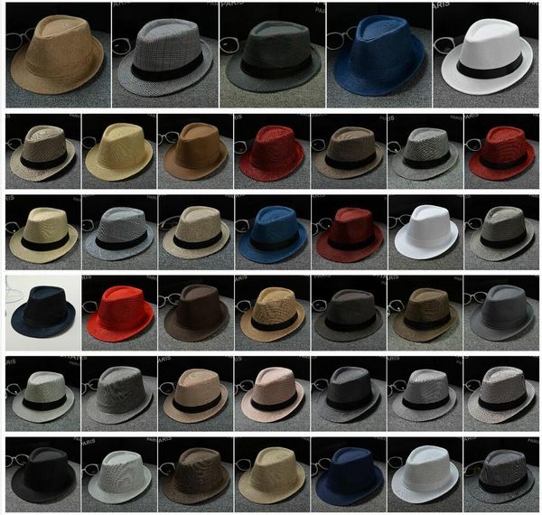 40 diseños Sombreros de paja de moda Hombres Mujeres Sombreros de Panamá Sombrero de jazz de color liso Sombreros de ala tacaños