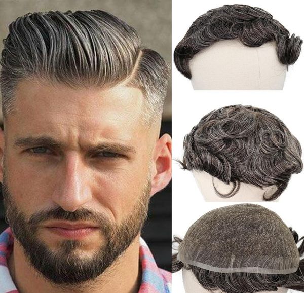 40 cheveux humains gris hommes toupet indien Remy système de remplacement de cheveux 6 pouces toupet bouclé pour hommes français dentelle postiche 6710052