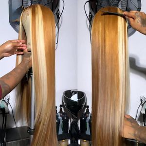 Pelucas brasileñas rectas 250% de 40 pulgadas, pelucas con encaje Frontal de cabello humano sin pegamento, peluca Frontal de encaje sintético rubio miel para mujer