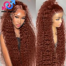 40 pouces brésilien sans colle brun rougeâtre vague profonde frontale perruque 250 densité cuivre rouge bouclés simulation perruque de cheveux humains 13x4 HD dentelle frontale perruque