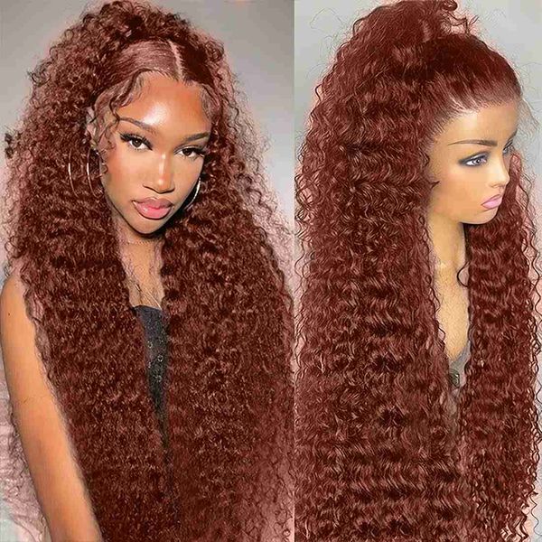 40 pouces brésilien sans glue sans glude brun rouge brun profond perruque frontale 250 densité cuivre rouge bouclé coiffure humaine 13x4 dentelle HD