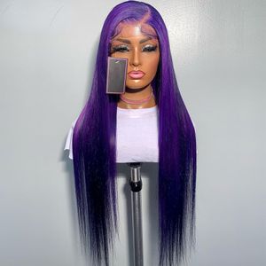 40 pouces Purple foncé de couleur droite perruques de cheveux humains avant pour femmes noires 180% Transparent 360 Perruque frontale en dentelle pré-lucée