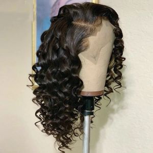 Perruque Lace Frontal Wig synthétique transparente, cheveux humains, Loose Deep Wave, sans colle, noir, 13x4, 40 pouces, pre-plucked, pour femmes