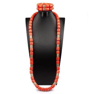 Ensemble de bijoux pour hommes, collier Long de mariage africain de 40 pouces, corail artificiel, perles en plastique, costume de marié nigérian FT698 240228