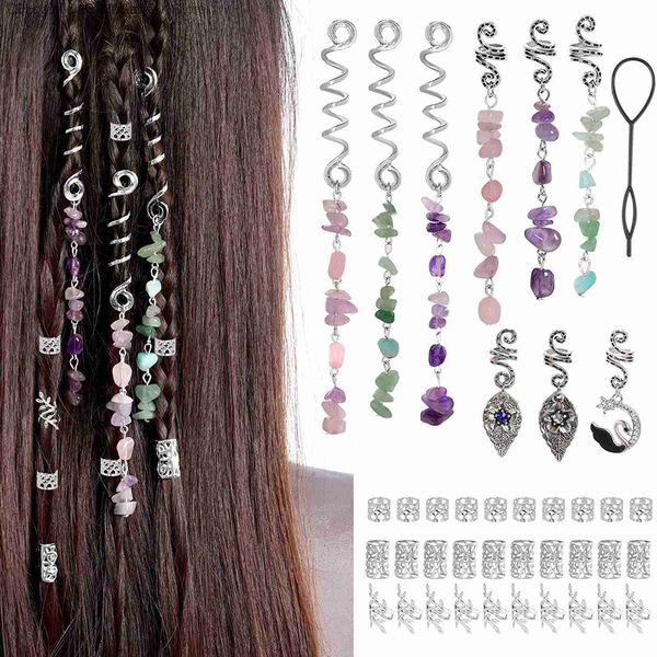 40 Silver Stone Pendse Cabello Anillos de cabello Terror Beads Accesorios para el cabello Clip de trenza Beads Hair Jewellry Z230816