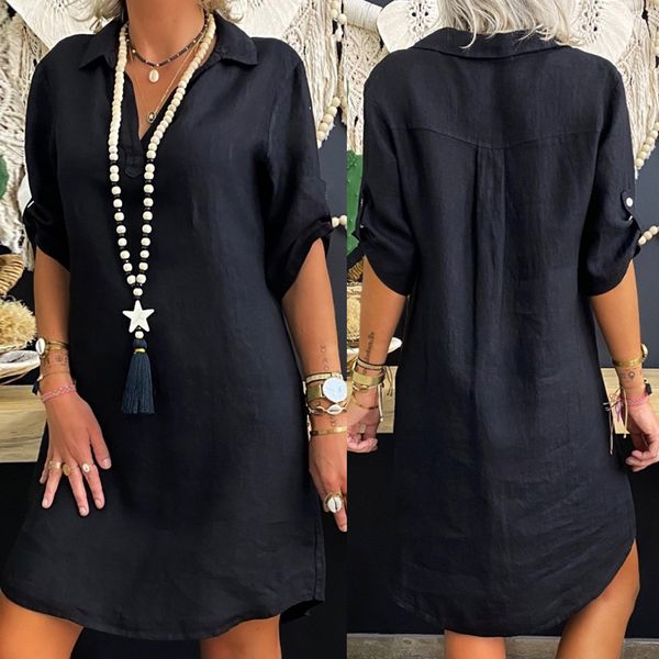 40 # Vestido camisero de lino y algodón liso para Mujer, Vestido de talla grande con cuello vuelto para Mujer, vestidos Vintage sueltos informales, Vestido De Mujer para Mujer